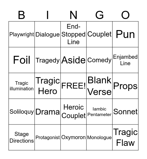 Romeo and Juliet Vocabulary Review Bingo Card