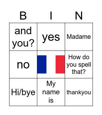 Year 7 Beginner French Bingo Card