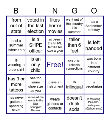 SHPE Bingo Card