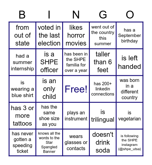 SHPE Bingo Card