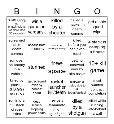 warzone Bingo Card