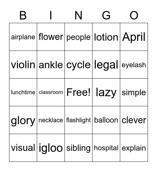 /l/ words Bingo Card