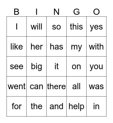Sight Words through April Bingo Card