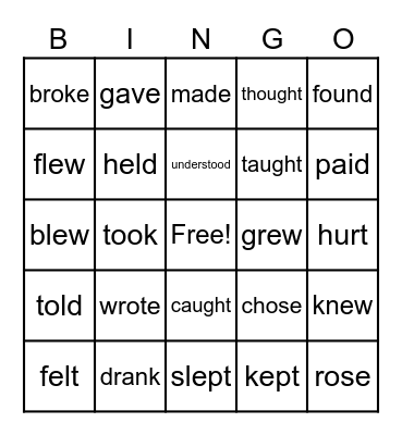 Irregular Past Tense Verbs Bingo Card