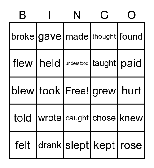 Irregular Past Tense Verbs Bingo Card