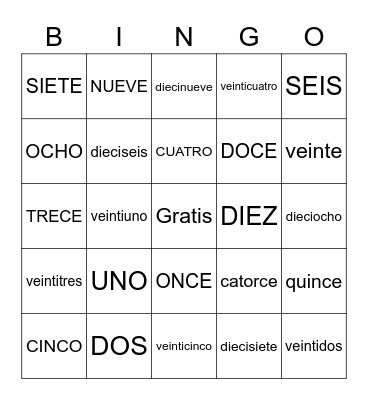 Numeros de espanol Bingo Card