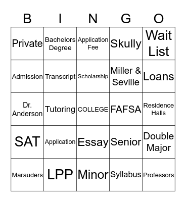 College Bingo Card