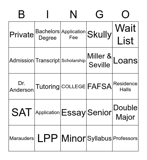 College Bingo Card