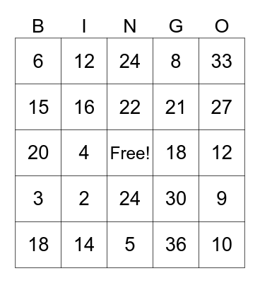 Multiplication Bingo Card
