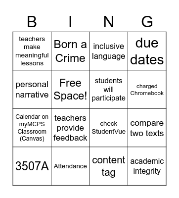English 12 Syllabus Bingo Card