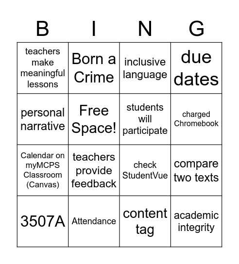 English 12 Syllabus Bingo Card