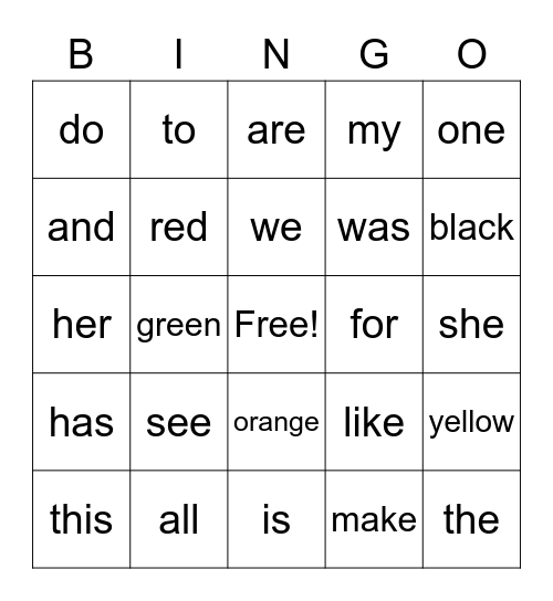 Sight word Bingo Card