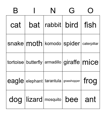 animal Bingo Card
