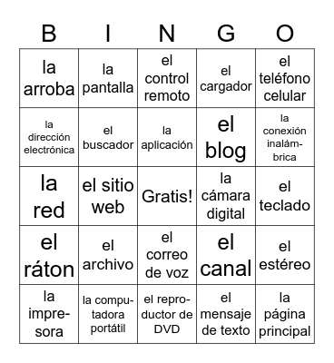 tecnologia: sustantivos Bingo Card