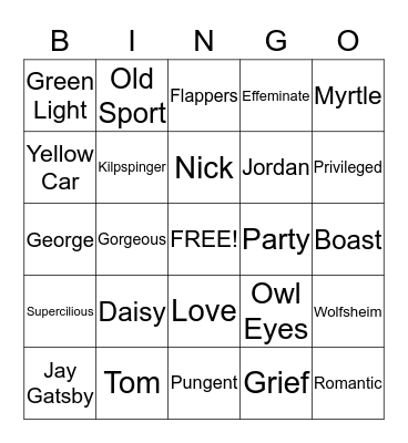The Great Gatsby Bingo Card