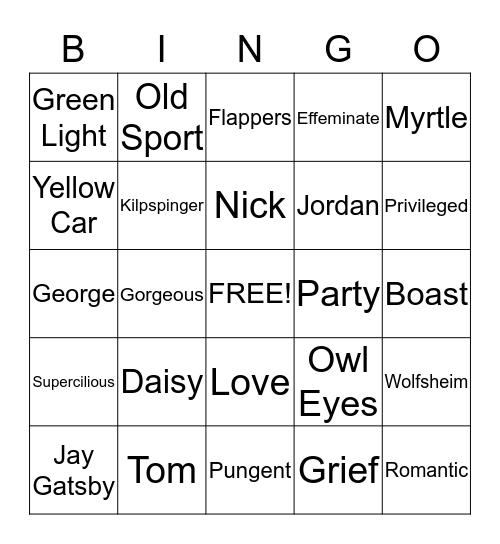 The Great Gatsby Bingo Card