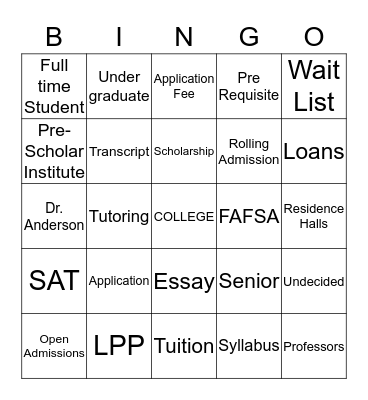 College Bingo Card