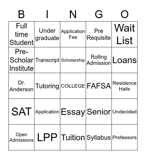 College Bingo Card