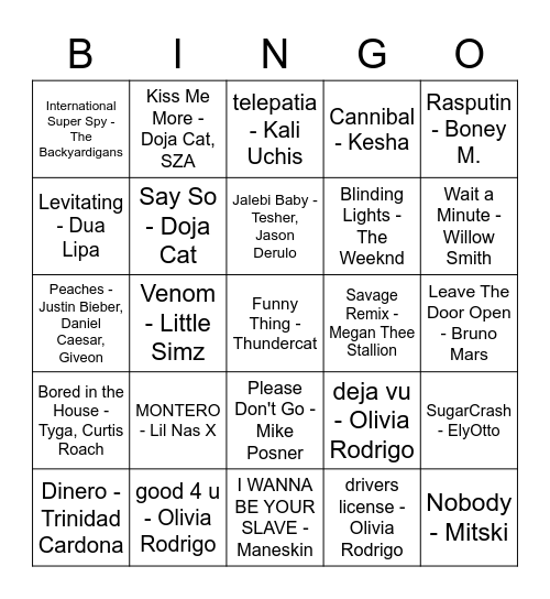 TIKTOK SONGS Bingo Card