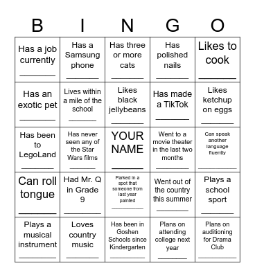 Back to School Bingo Card