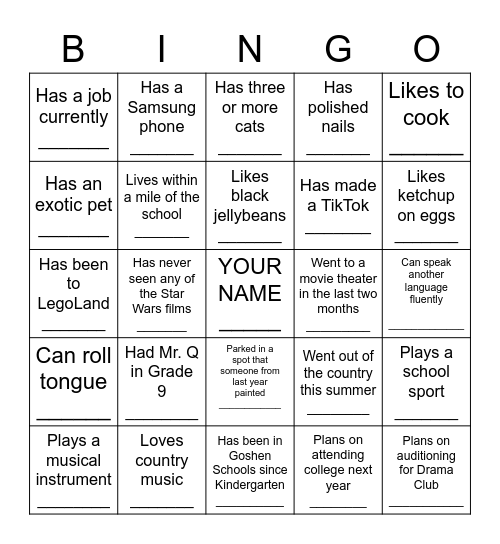 Back to School Bingo Card