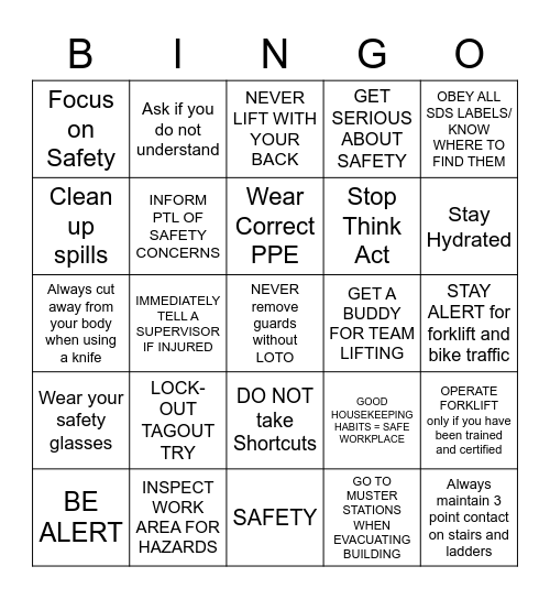 SAFETY BINGO Card