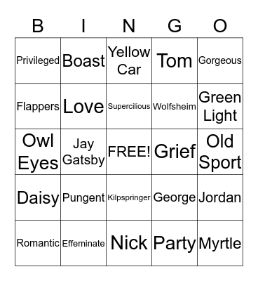 The Great Gatsby Bingo Card