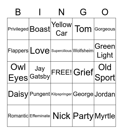 The Great Gatsby Bingo Card