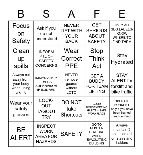 SAFETY BINGO Card