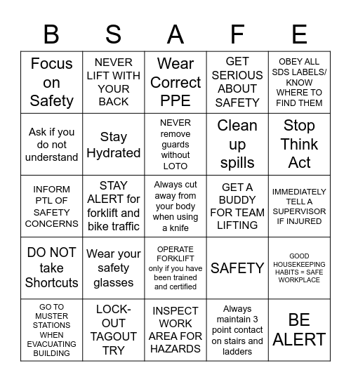 SAFETY BINGO Card