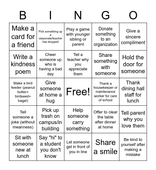 Kindness Bingo Card