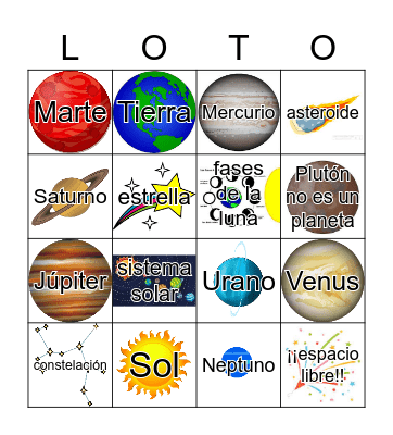 planetas, sol, luna, estrellas Bingo Card