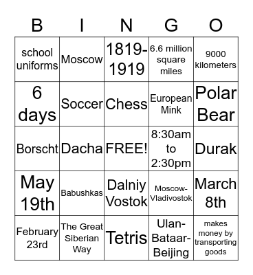Russia Bingo Card