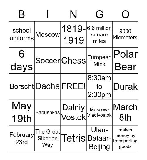 Russia Bingo Card