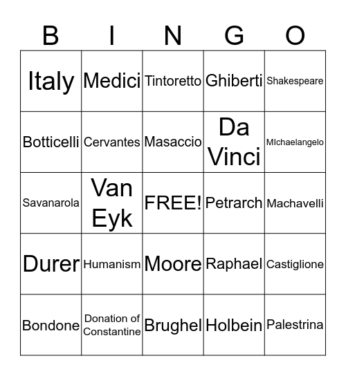 Renaissance Artists Bingo Card