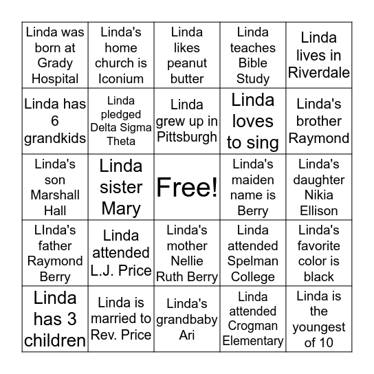 First Lady Linda Price Bingo Card