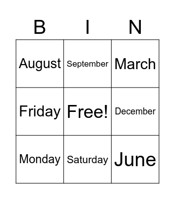 Months and days of the week Bingo Card