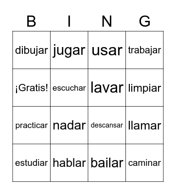Ar Verbs Bingo Card