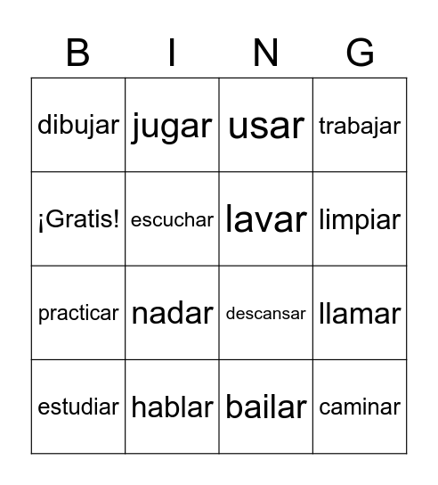 Ar Verbs Bingo Card