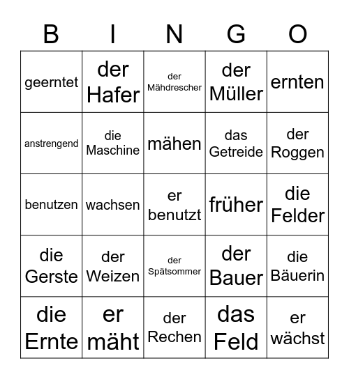 Lernwörter "Ernte" Bingo Card