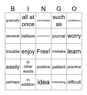 Chapter 2 Vocabulary Bingo Card