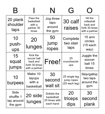 Workout Wednesday Bingo Card