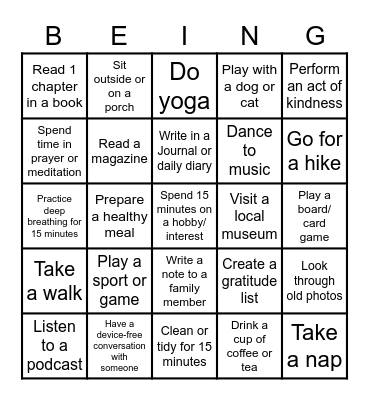 Wellbeing Bingo Card