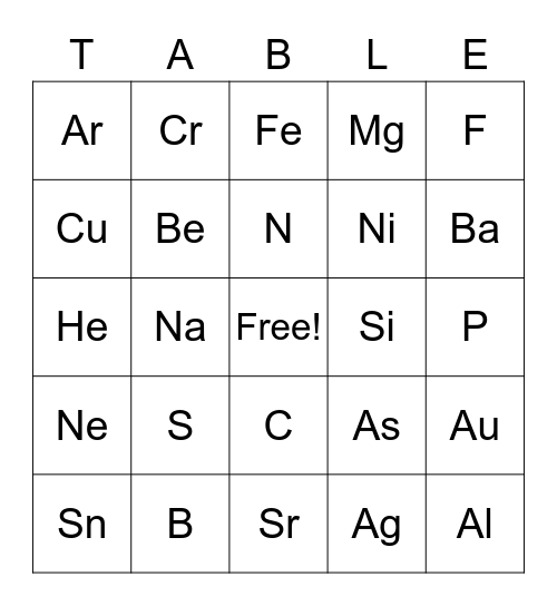 Periodic Table Bingo Card