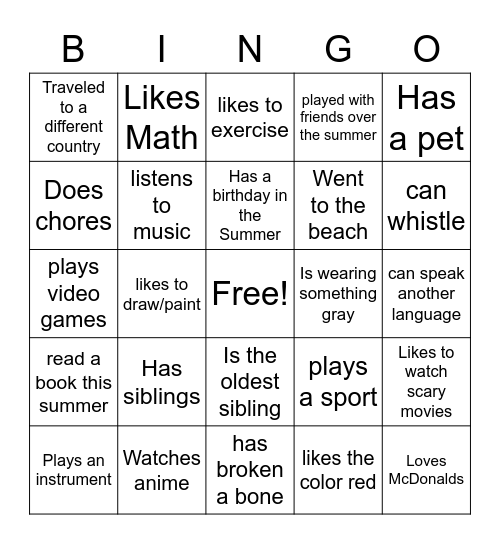 First Day of School Bingo Card