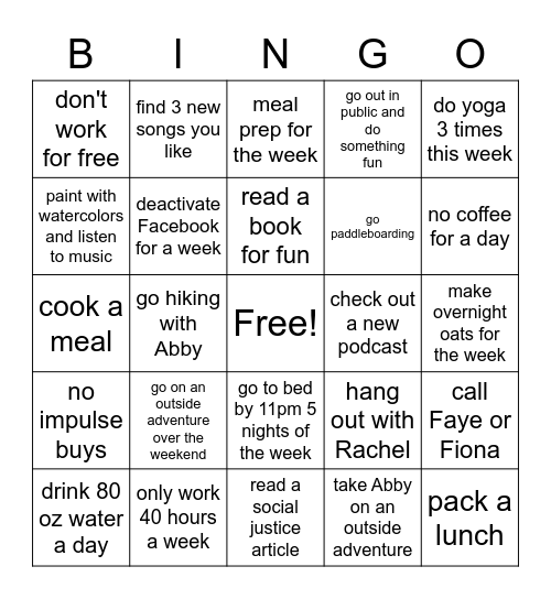 Self Care Bingo Card