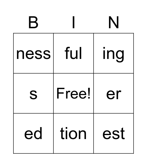 suffixes Bingo Card