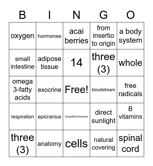 Chapter 7- Basic Anatomy & Physiology Bingo Card