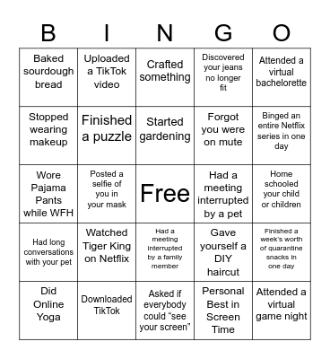 Quarantine Bingo Card