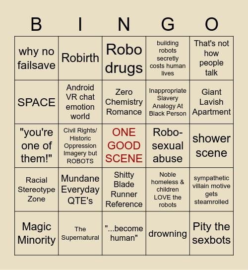 Detroit Become Human Bingo Card